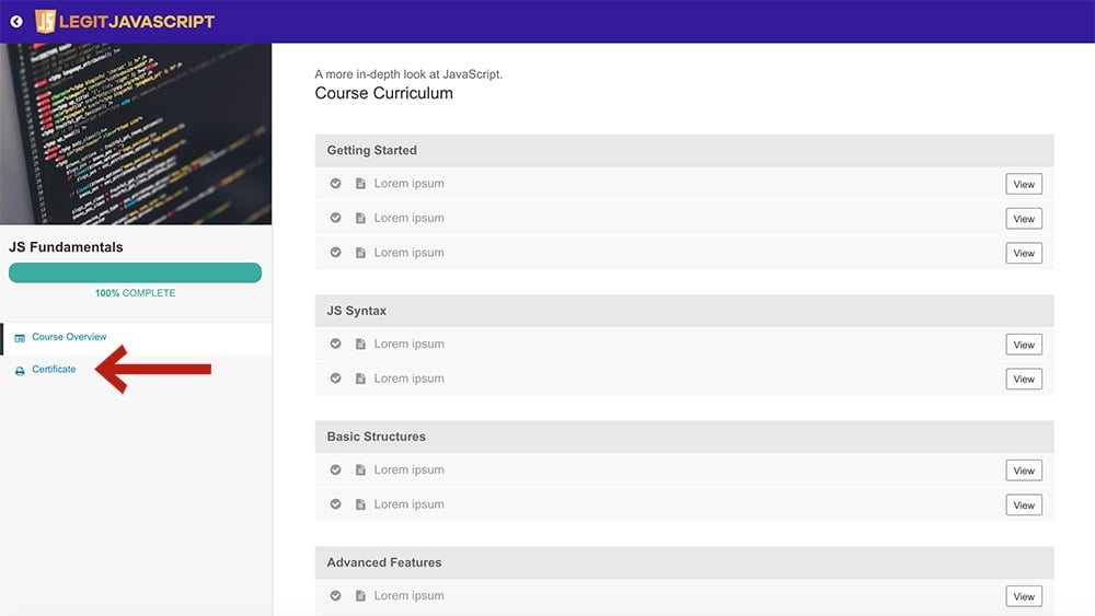 CourseCertificates_FrontEndCertificateLink | MemberPress The MemberPress Course certificates frontend view